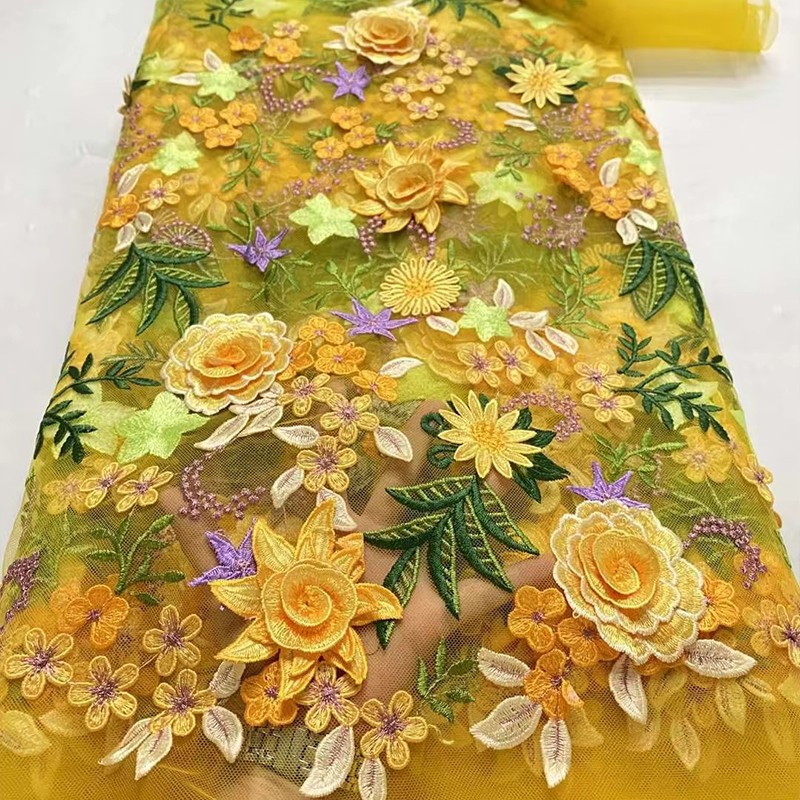 Sewing In Textile - قماش دانتيل شبكي مطرز بالزهور ثلاثي